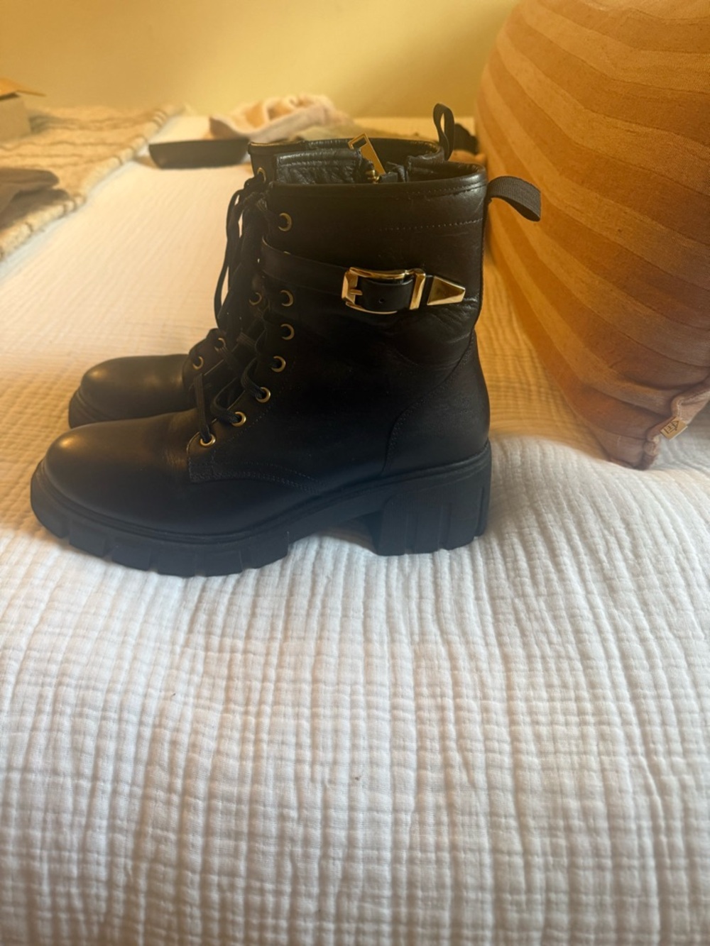 Thursday Boot Company Black Lace-Combat Boots with Gold Buckle Detail- coda